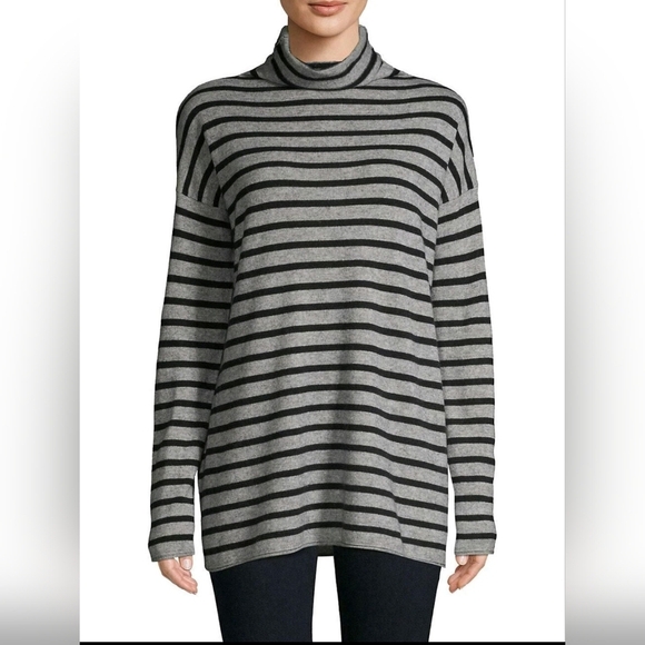 Vince Grey Black Stripe Wool Cashmere Long Sleeve Turtleneck Sweater Essential - Picture 1 of 11